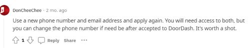 A Reddit post suggesting reapplying to DoorDash with a different phone number and email to try to get off the waitlist. 