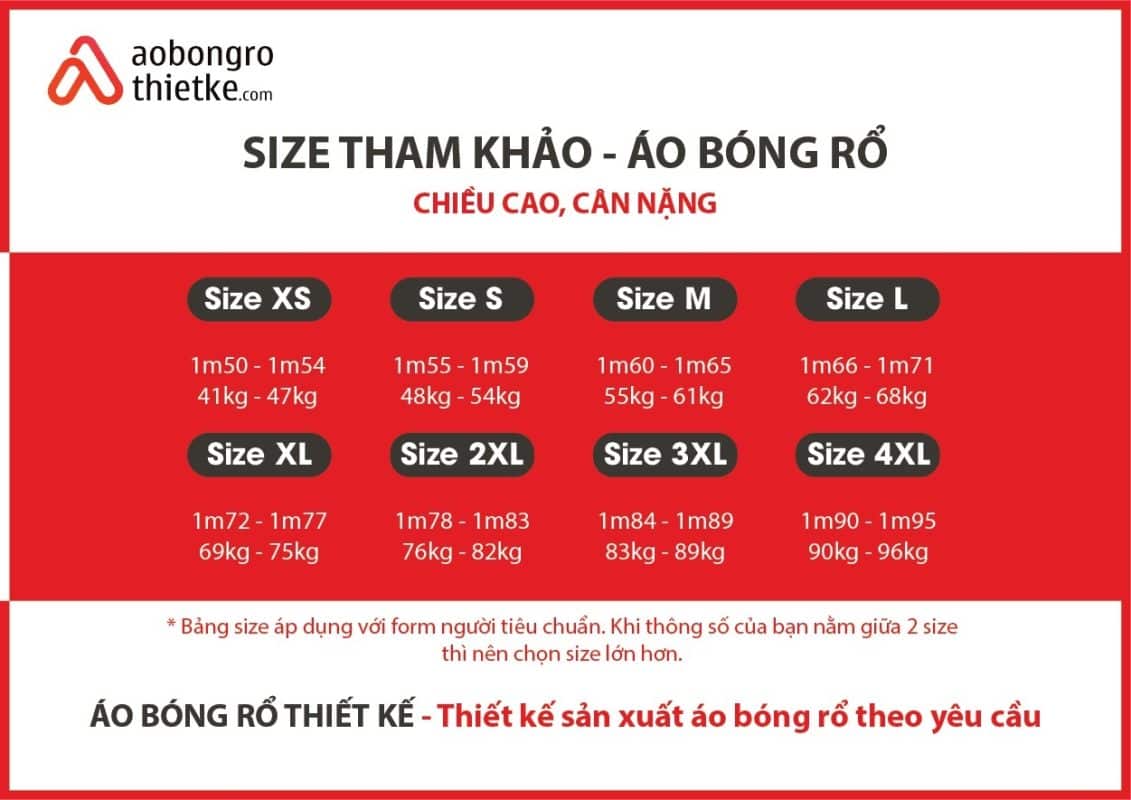 Bảng size tham khảo áo bóng rổ thiết kế