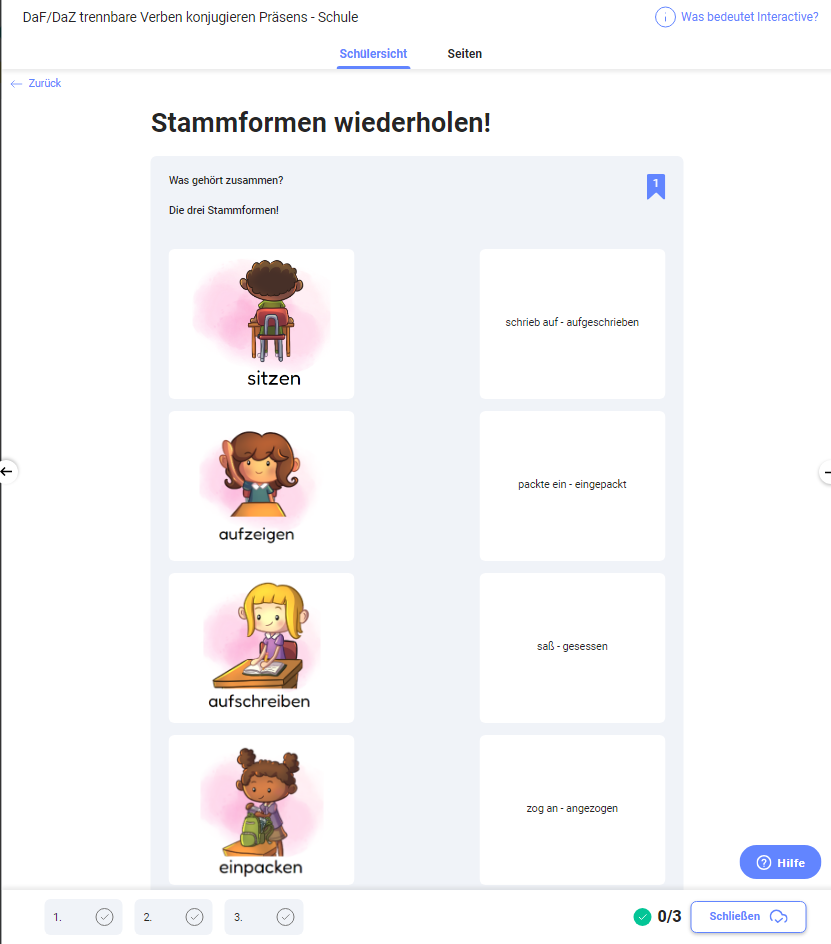 Screenshot eines Eduki Interactives mit dem Titel 'Stammformen wiederholen!' für Deutsch als Fremdsprache/Zweitsprache. Die Aufgabe ist es, die Grundformen von trennbaren Verben mit ihren entsprechenden konjugierten und Partizip II Formen zu verbinden. Es sind Illustrationen von Kindern zu sehen, die neben den Verben 'sitzen', 'aufzeigen', 'aufschreiben' und 'einpacken' dargestellt sind. Rechts daneben befinden sich leere Felder, die mit den vorgegebenen Verbformen 'schrieb auf - aufgeschrieben', 'packte ein - eingepackt', 'saß - gesessen' und 'zog an - angezogen' gefüllt werden sollen. Unten auf der Seite gibt es eine Fortschrittsanzeige, einen 'Hilfe'-Button und einen Button zum Schließen der Übung