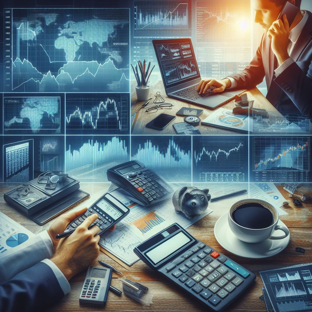Artistic representation of intraday trading displaying a collage of abstract elements and dynamic shapes representing market trends, financial charts, and traders' active activity.