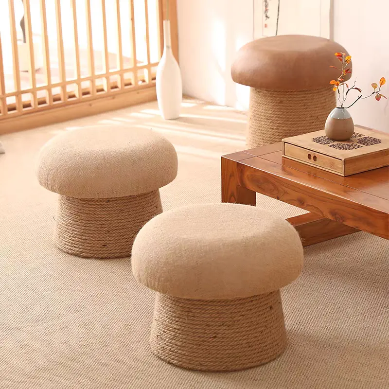 Jute weave ottoman with leatherette and linen