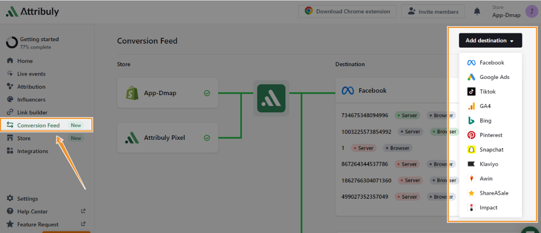 Attribuly’s Conversion Feed is built in a tree formation, connecting your Shopify store, Attribuly Pixel, and destinations like Facebook, Google Ads, Tiktok, GA4, and more.