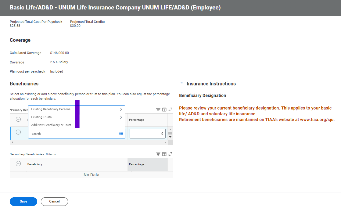 Choosing Existing or adding new beneficiaries