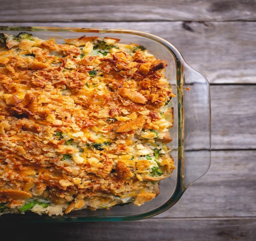 Casserole dish with broccoli and cheese