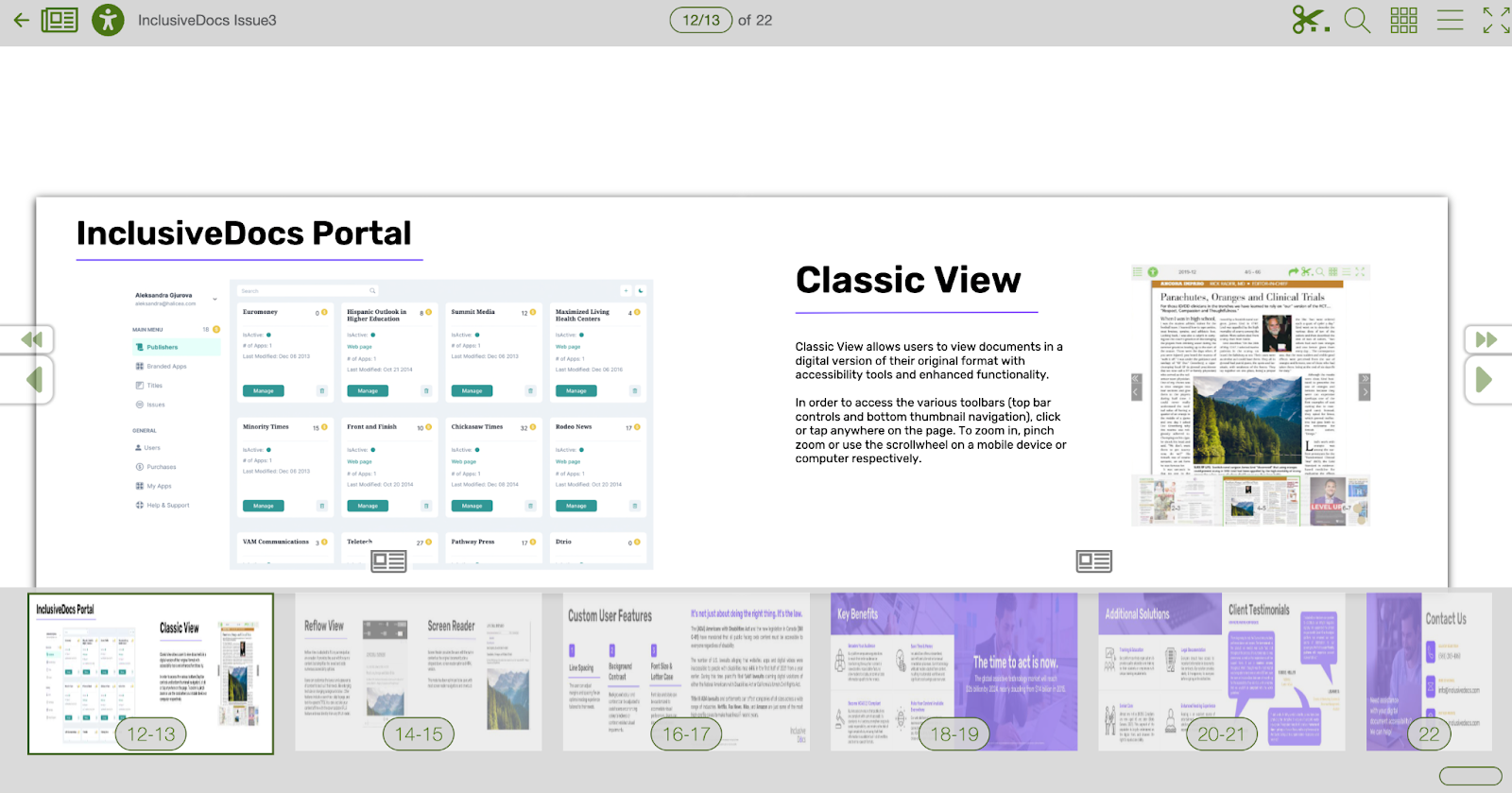 This image contains the InclusiveDocs portal with a preview from thumbnails of different publishers, the standard main menu on the left with the same settings adding Publishers a screen with the PDF, and a preview from all pages where the user can view their doc. 