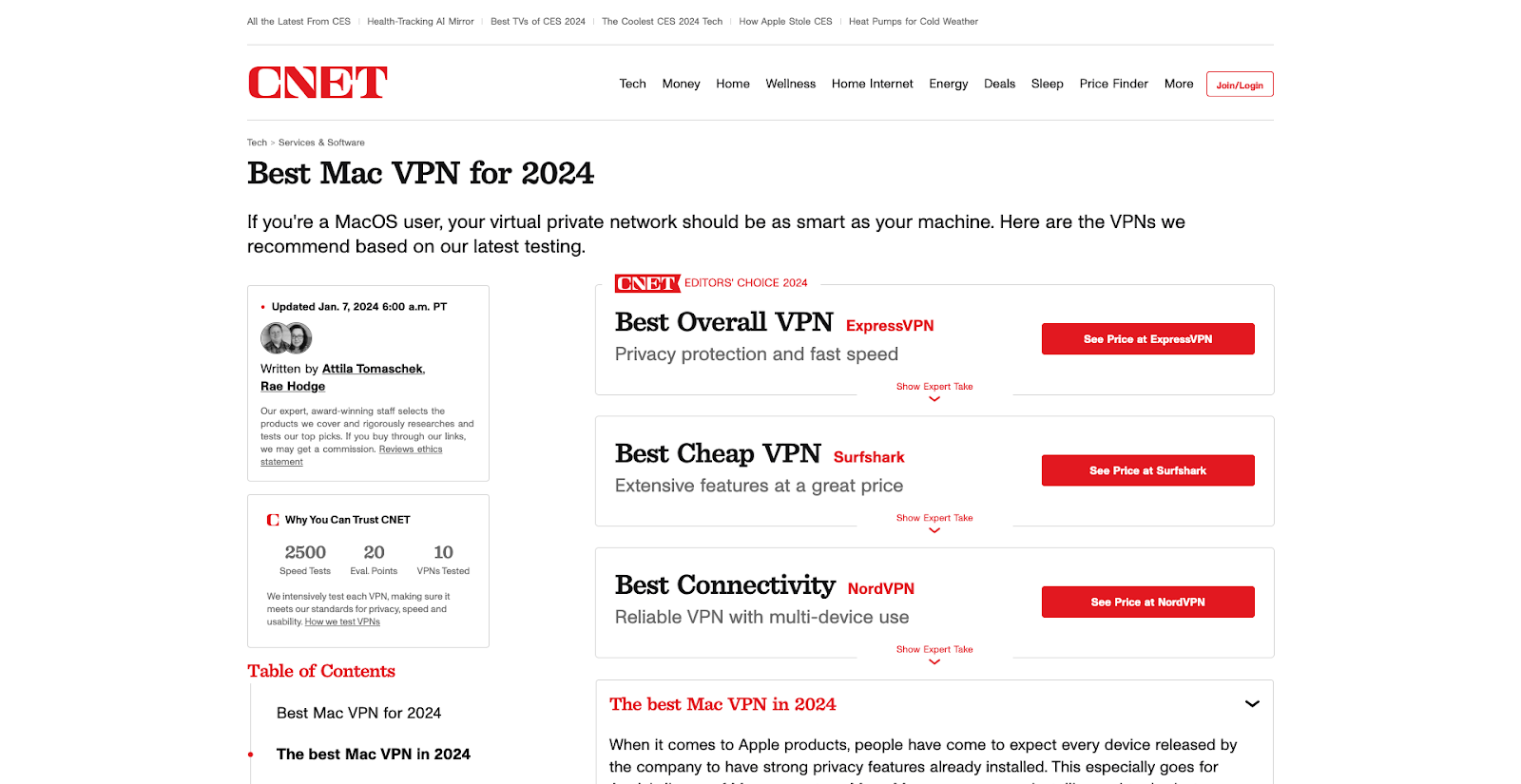 Best Mac VPN review page by CNET