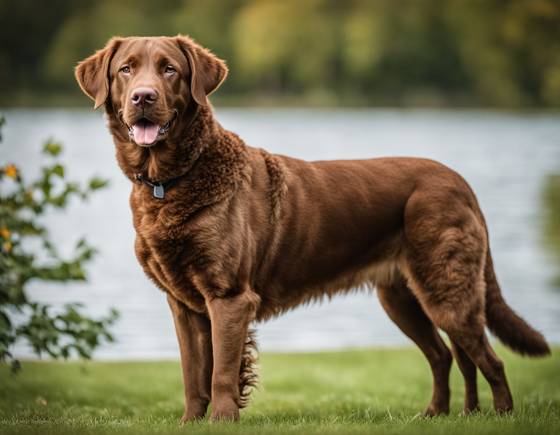 Standing along the shore of the lake is a chesapeake bay retriever.