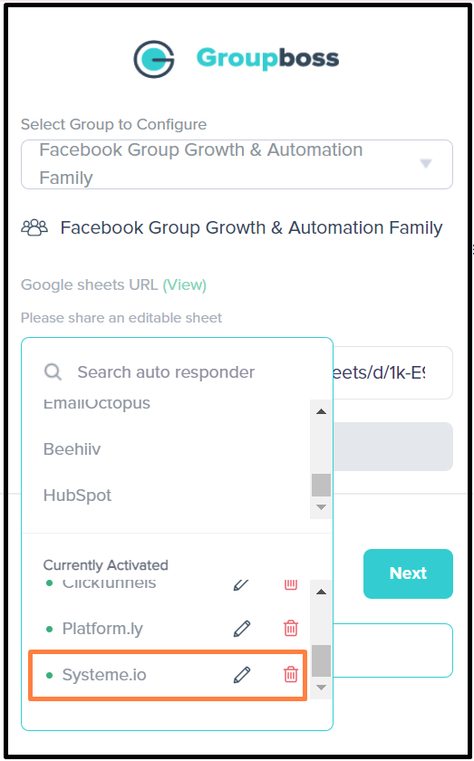 Finally, on copy and pasting the API keys and Tag Name you have now integrated Systeme.io with Grouboss which can be cross-checked in the currently activated option.