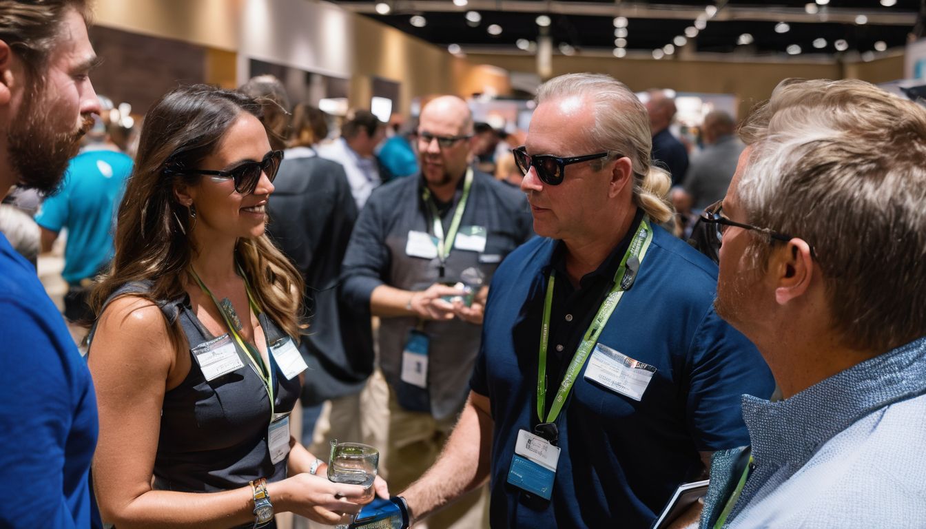 A group of pool and spa industry professionals networking at a trade show.