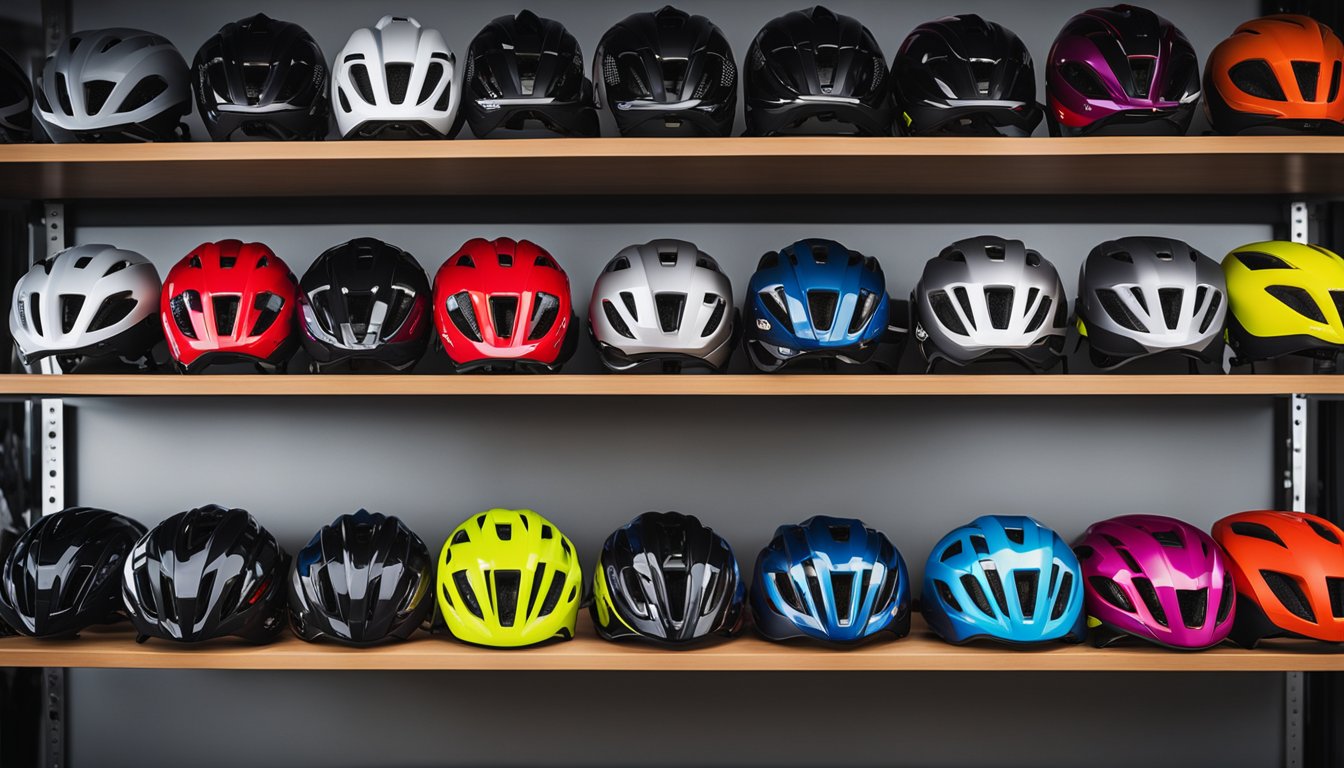 A row of sleek road bike helmets lined up on a shelf, contrasting with rugged mountain bike helmets. The road helmets are aerodynamic and lightweight, while the mountain bike helmets have more coverage and ventilation