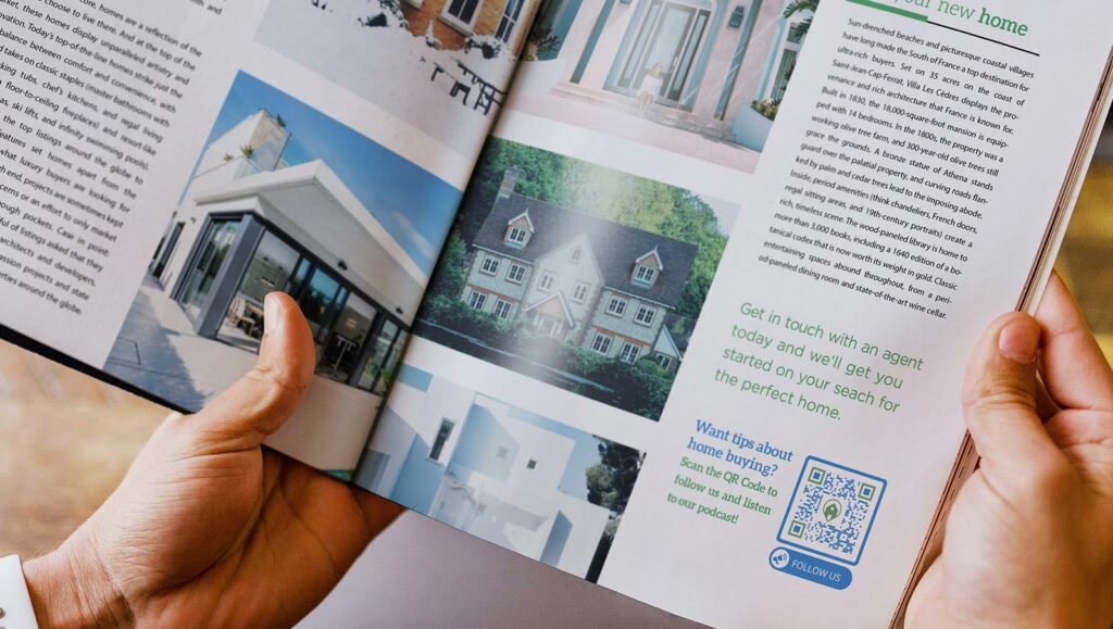 Social Media QR Code in a real estate agency's magazine ad prompting people to scan, follow their social media, and listen to their podcast