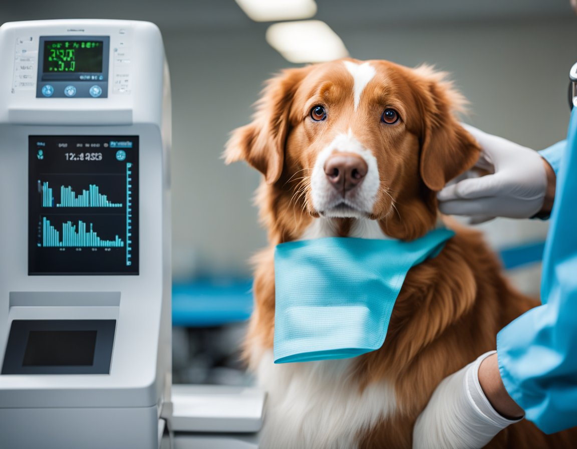 a photo of an adult nova scotia duck tolling retriever having health screening with a veterinarian and a health screening machine on the background