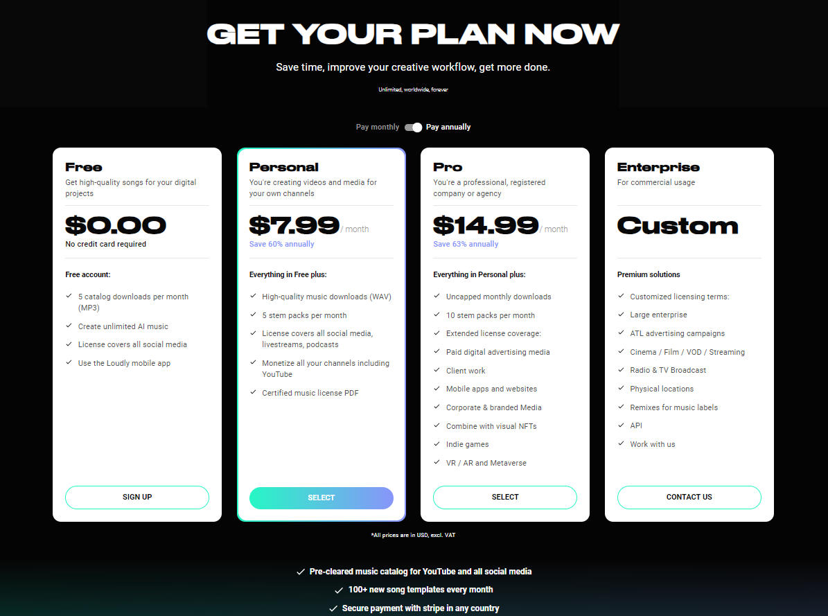 The pricing plans for Loudly AI music tool. 