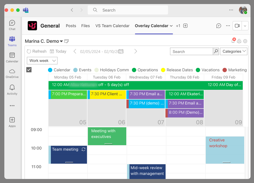 Virto Calendar’s view in Microsoft Teams. 