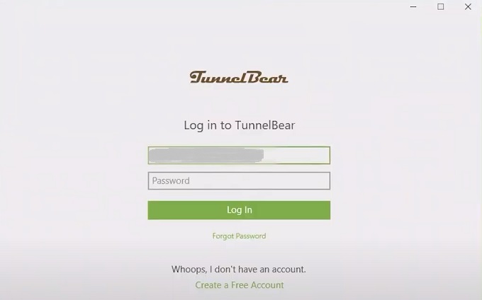 tunnelBear app login screen