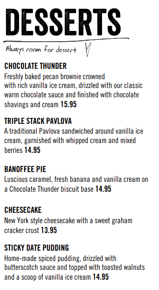 Outback Steakhouse Desserts Menu Prices of thunder, triple stack, anoffee pie, cheesecake in australia