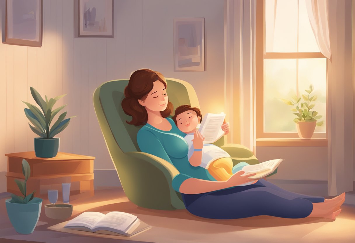 A mother sits comfortably with a supportive pillow, a glass of water, and a breastfeeding book nearby. A peaceful and nurturing atmosphere is created with soft lighting and a cozy chair