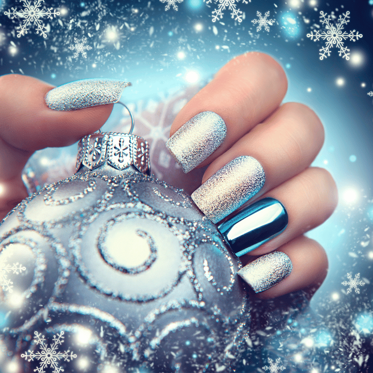 Glittered nails holding a Christmas bauble.