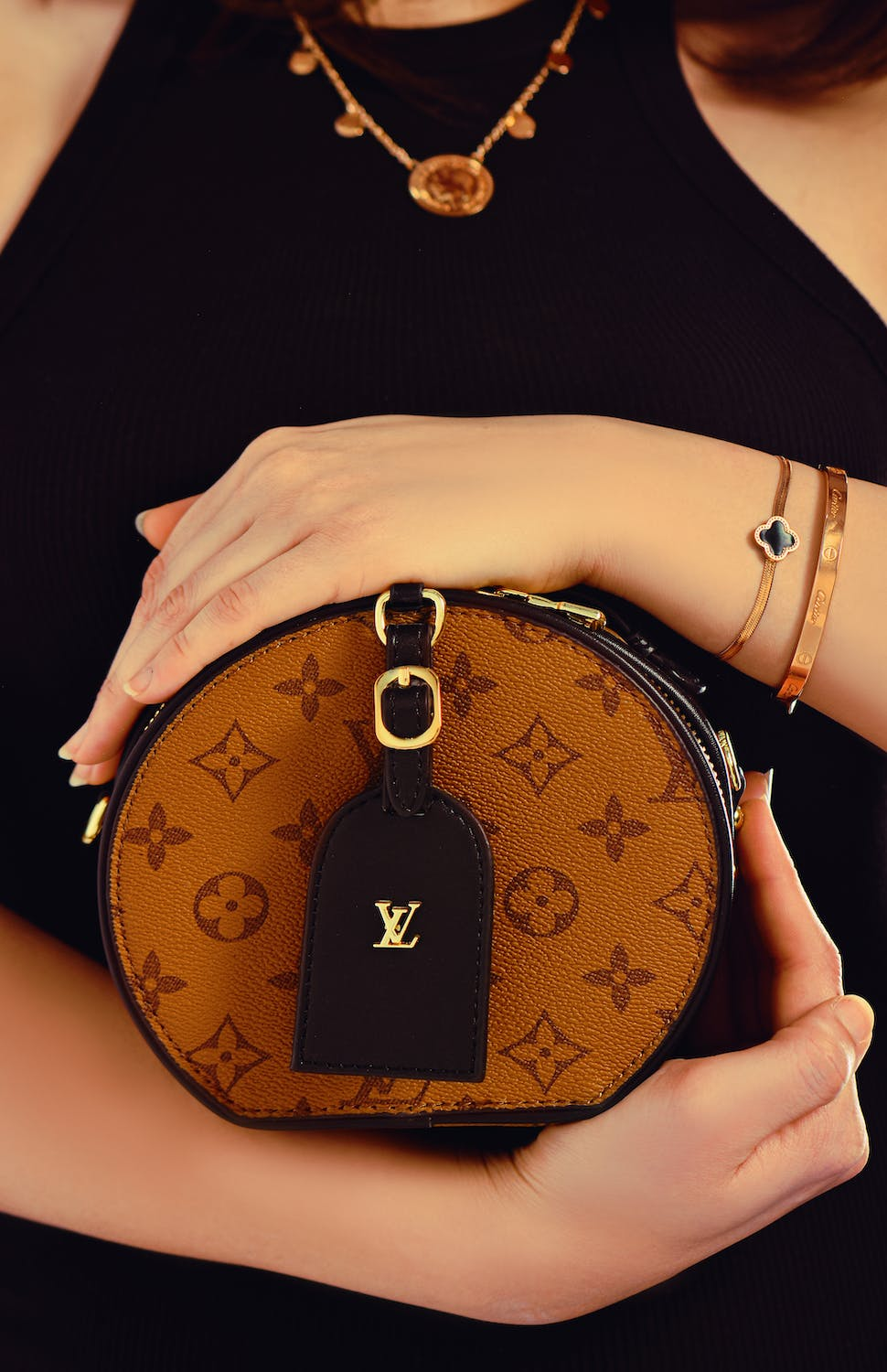A woman's hands holding a Louis Vuitton bag.