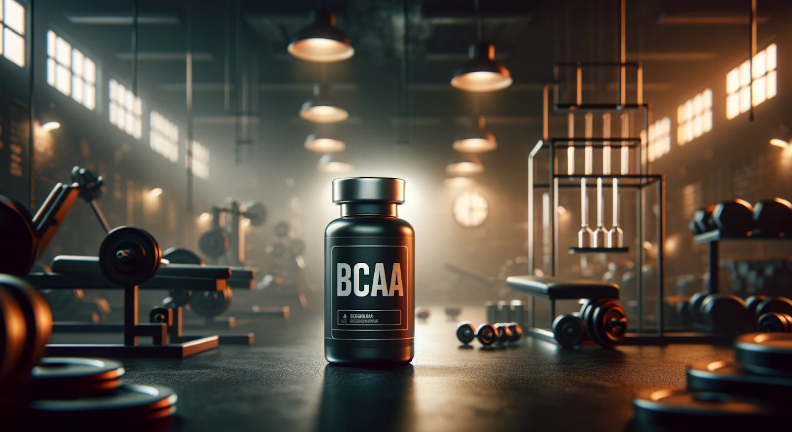 AI image of a big BCAA bottle in a gym
