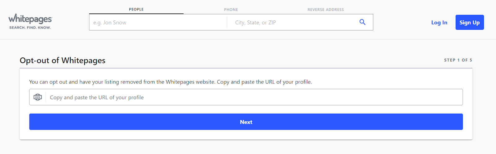 Screenshot of whitepages opt out page