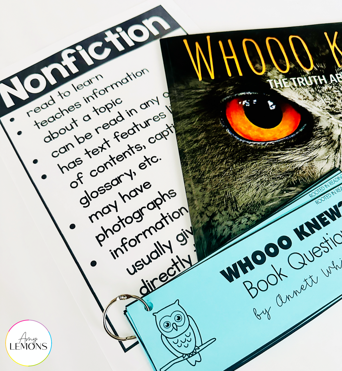 Nonfiction text features poster, whooo knew nonfiction book about owls, and book question cards.