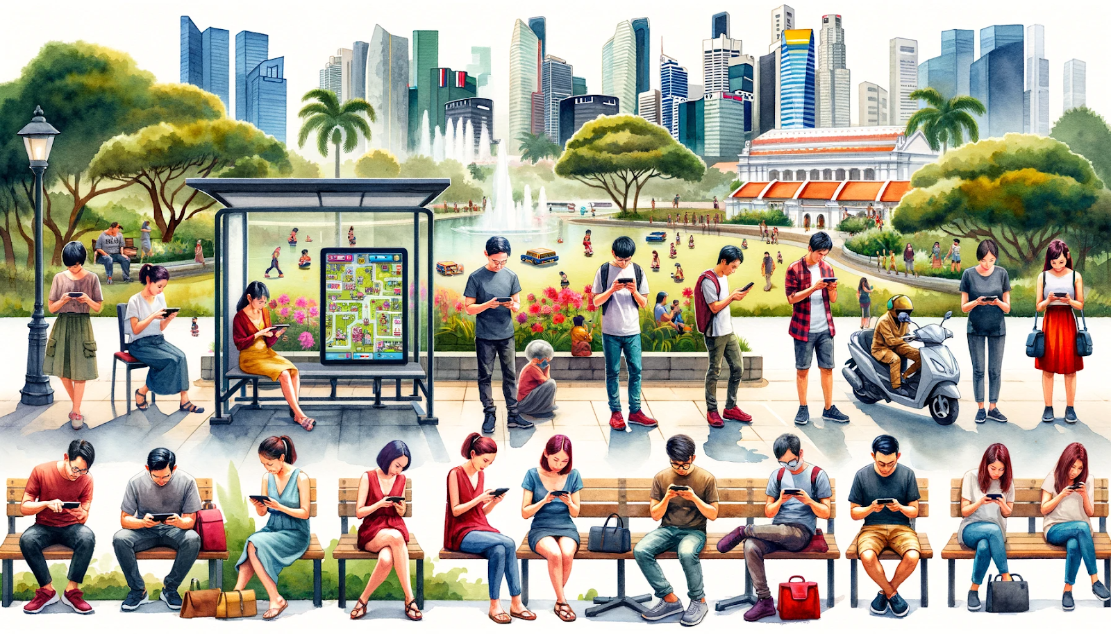 Game marketing strategies in singapore - People in various locations in Singapore playing mobile games on their phones and tablets