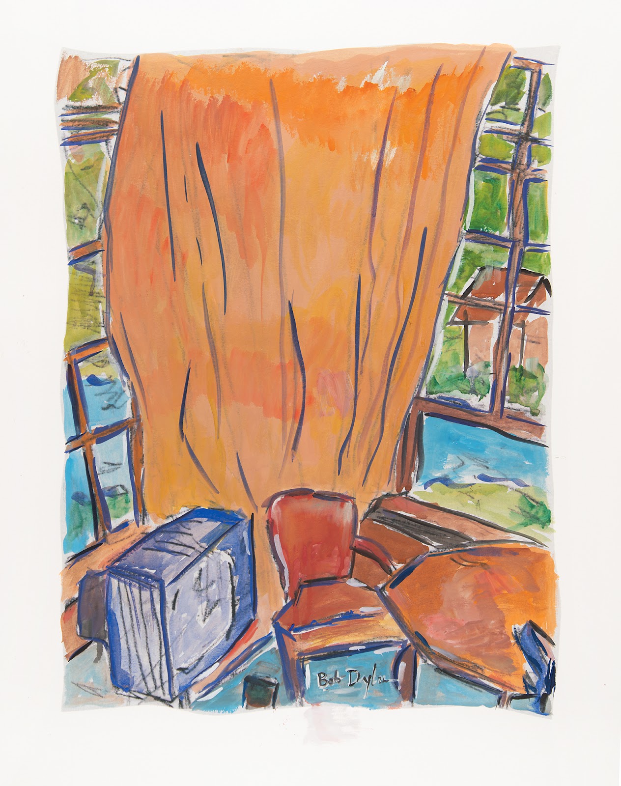 Dylan’s painting ‘View from Two Windows’ from his ‘Drawn Blank’ series, depicting an upper story room overlooking a body of water. This painting was previously exhibited at the Halcyon Gallery of London in 2008.