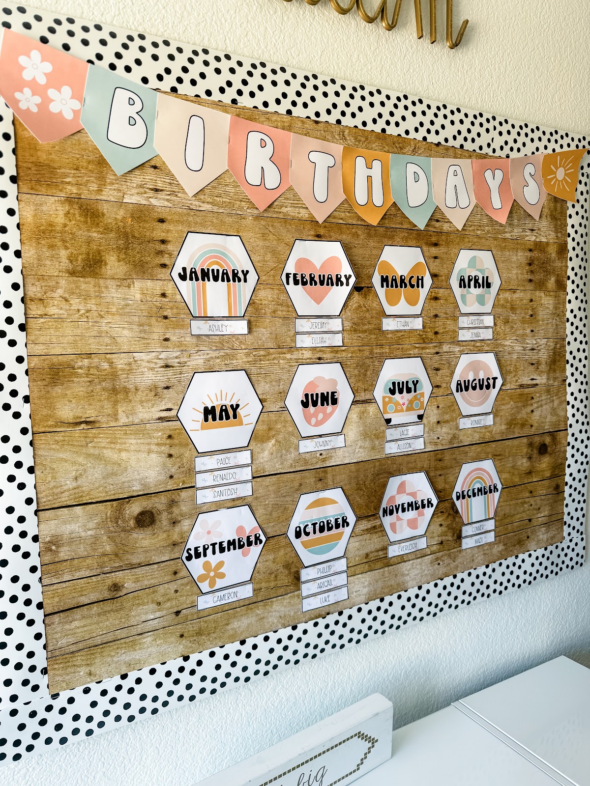 This image shows a birthday display. The banner says "Birthdays" and there are 12 hexagons underneath. Each hexagon has the name of a month and a different pastel retro design. Under each month tile are lists of student names. 