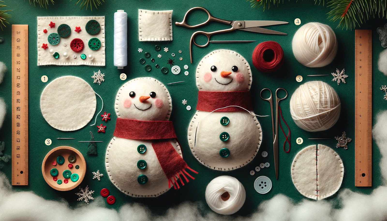 paisagens que descrevem o processo passo a passo de criação de um boneco de neve de Natal em feltro