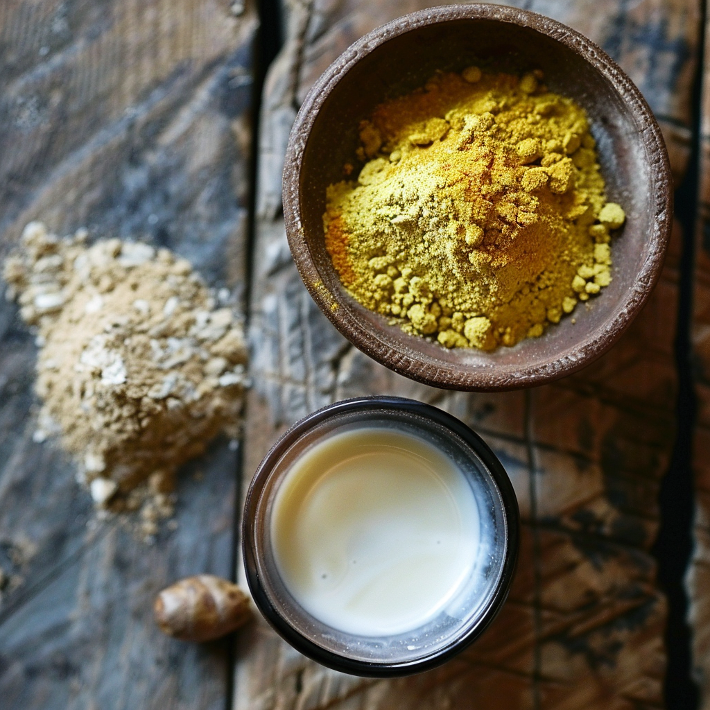 birds eye photo graph of flour, turmeric and milk for making a nourshing face scrub for normal skin