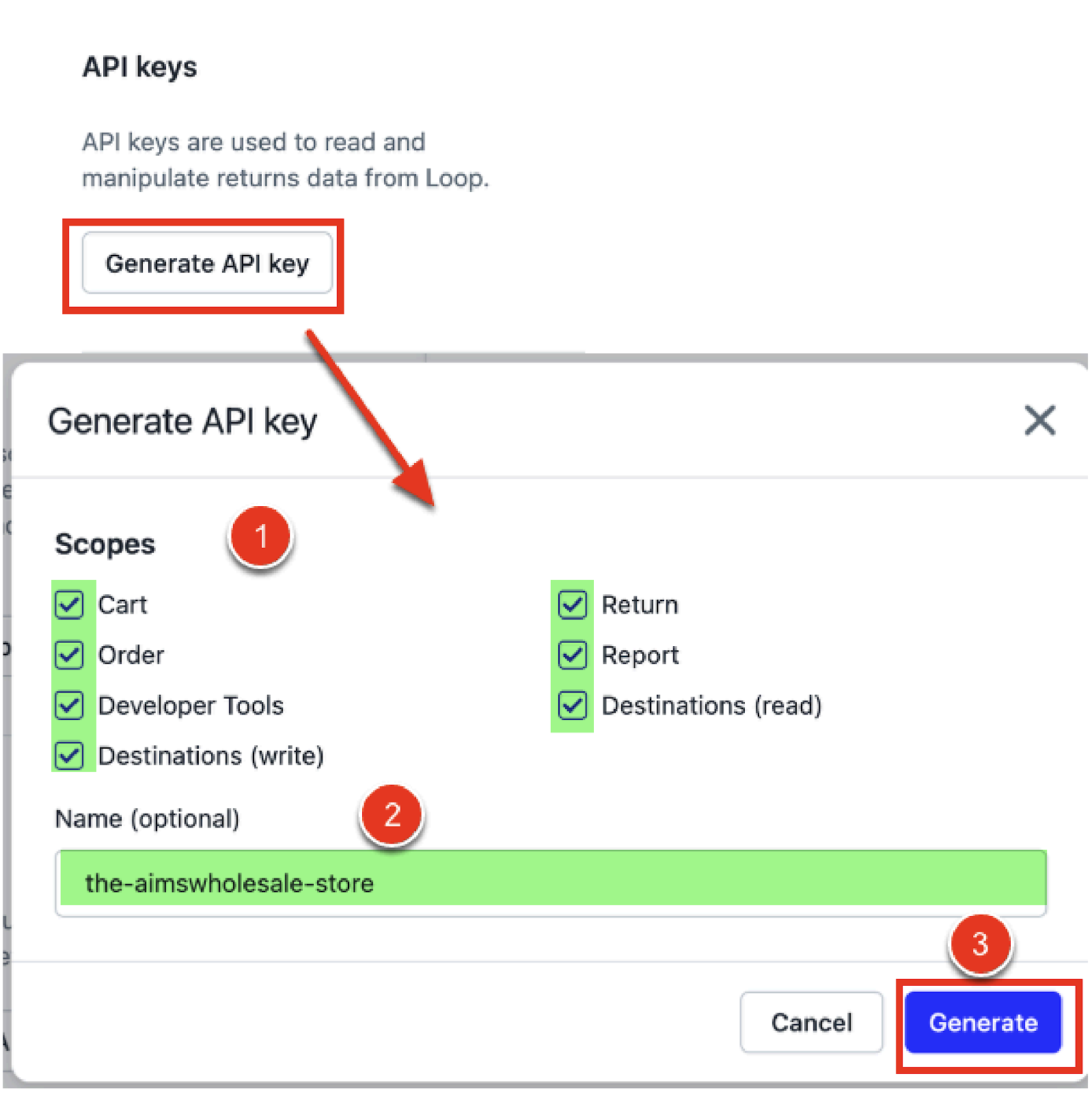 Select the scopes for the API key and click Generate