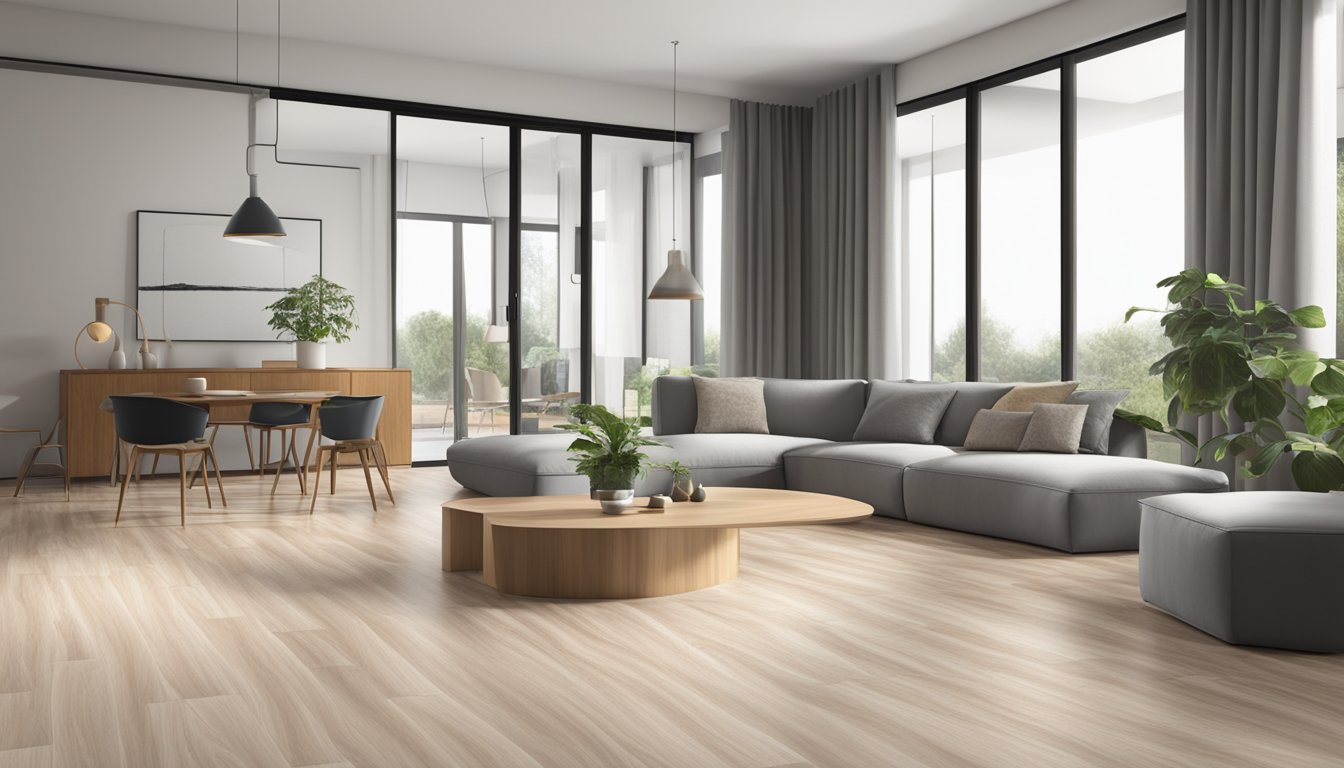 A room with modern furniture and natural lighting. LVT flooring in a wood or stone pattern, with a smooth and glossy finish