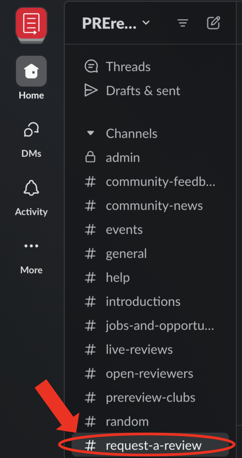 A list of channels on the PREreview community Slack with #request-a-review circled in red and highlighted by a red arrow