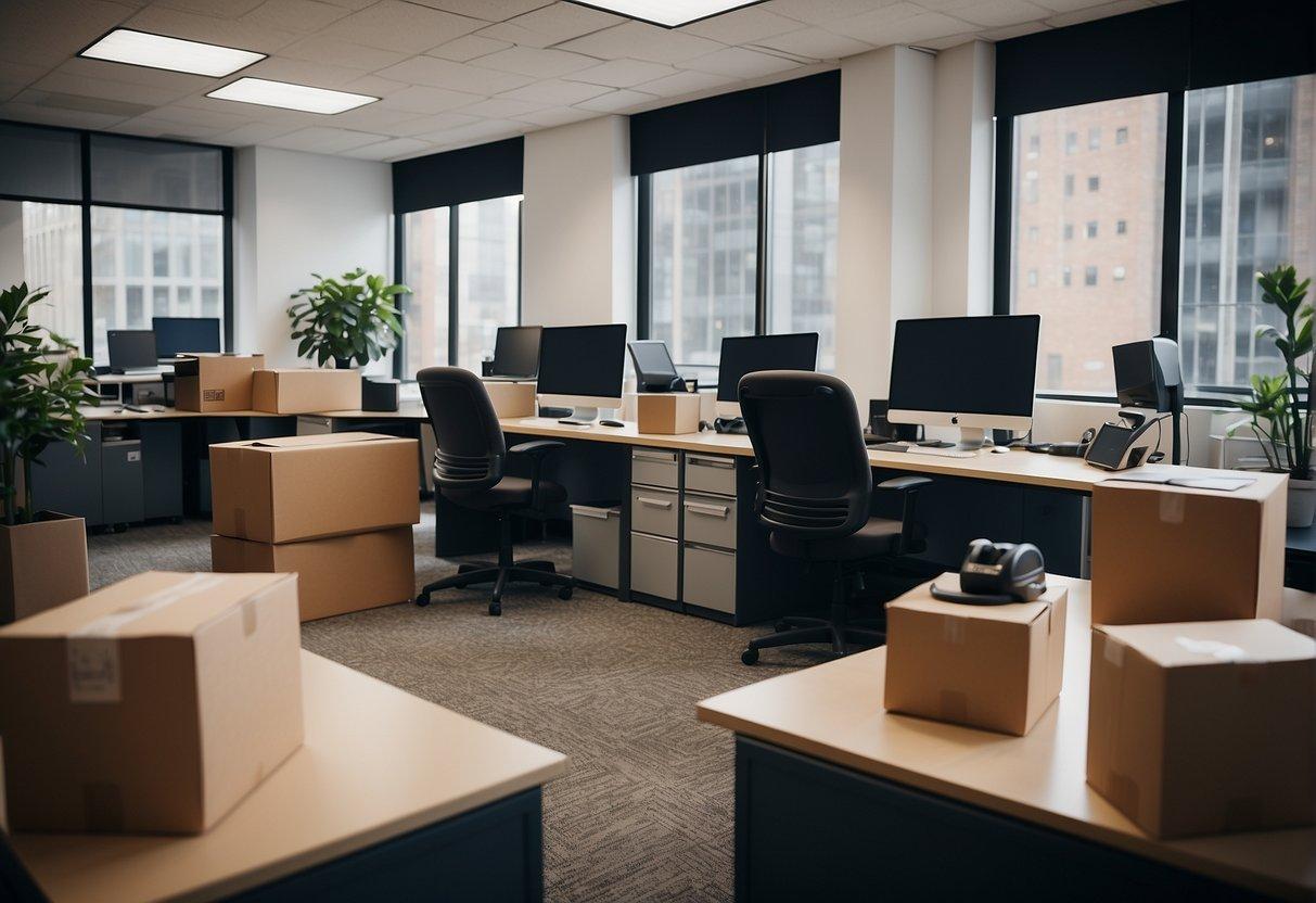 An empty office space with boxes scattered around, a desk being set up, and computer equipment being unpacked and organized