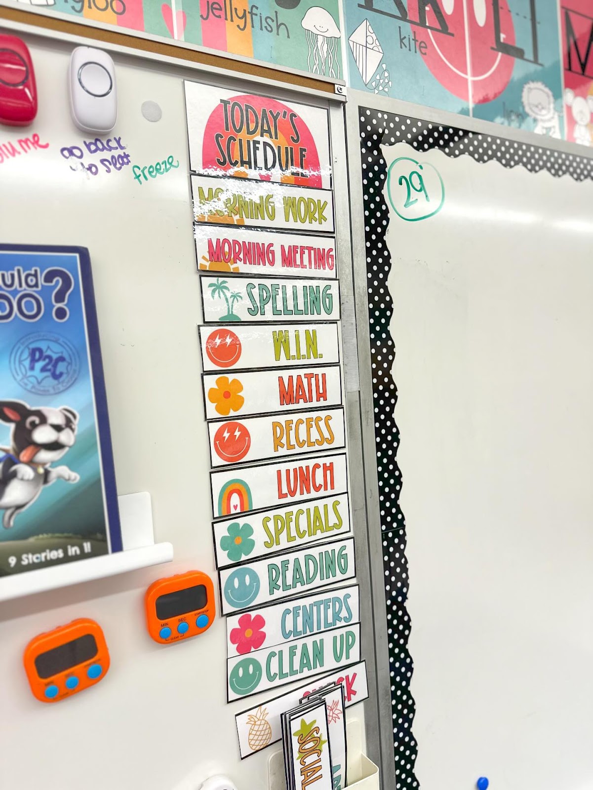 This image shows a closeup of a visual schedule on a whiteboard. The display uses tropical colors and icons. Each card in the schedule lists a specific subject like "Morning Meeting" or "Math". 
