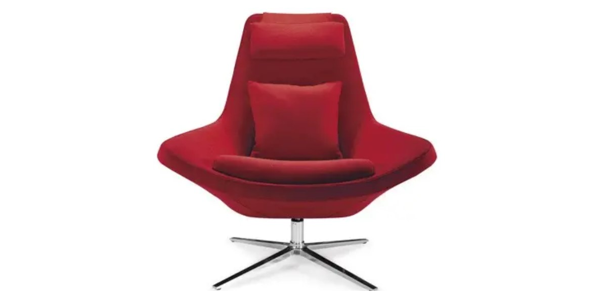 A maroon commercial saucer chair with a metallic foot pedal