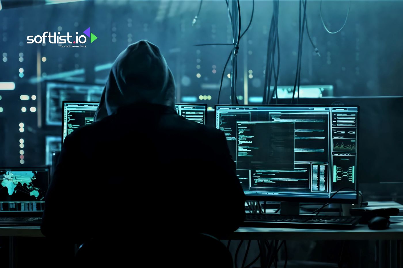 Hacker silhouette with multiple computer screens