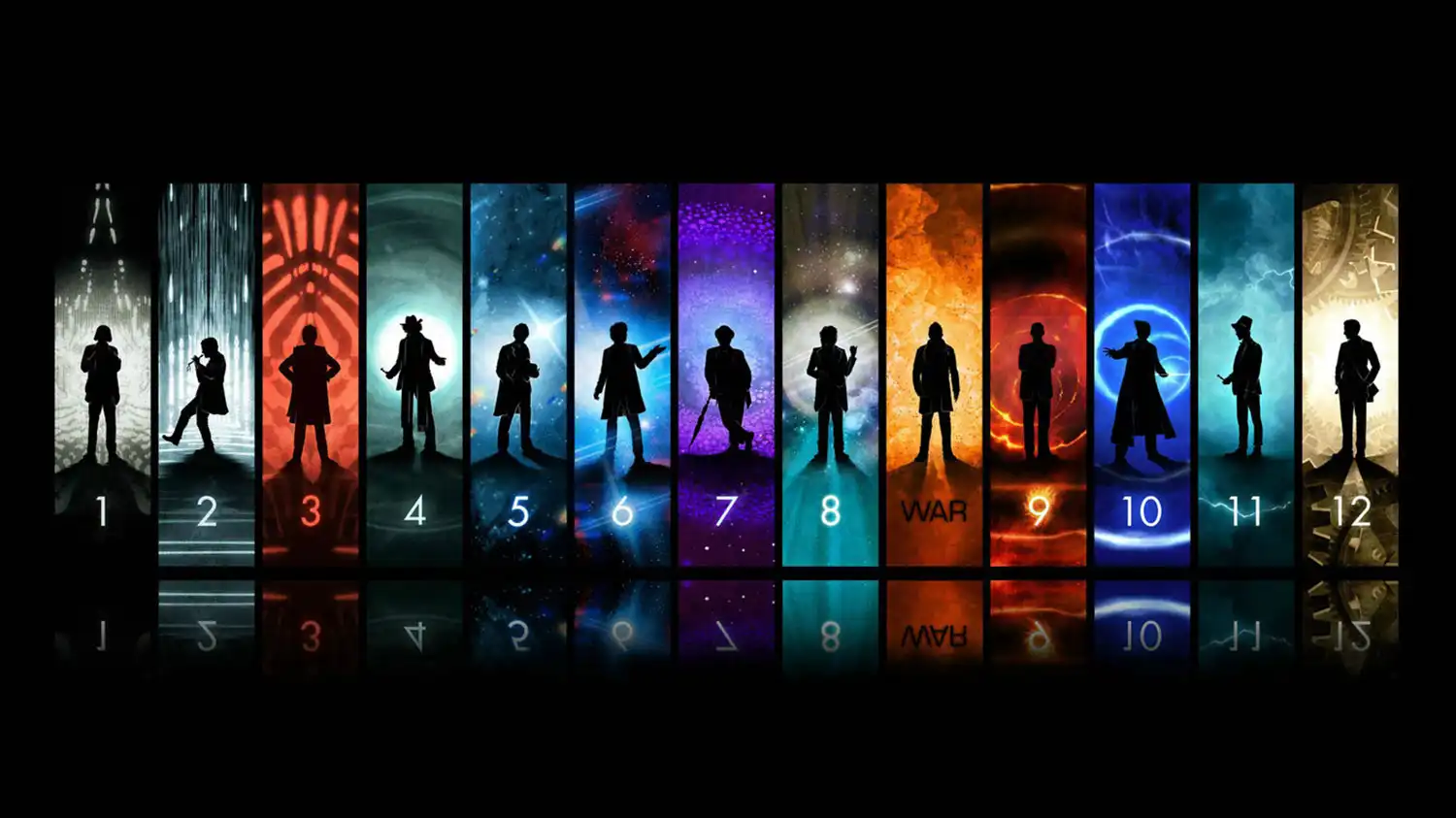 Siluetas de los doce de catorce doctores de Doctor Who.