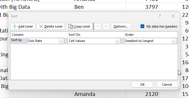 Sorting in excel by changing from “largest to smallest”