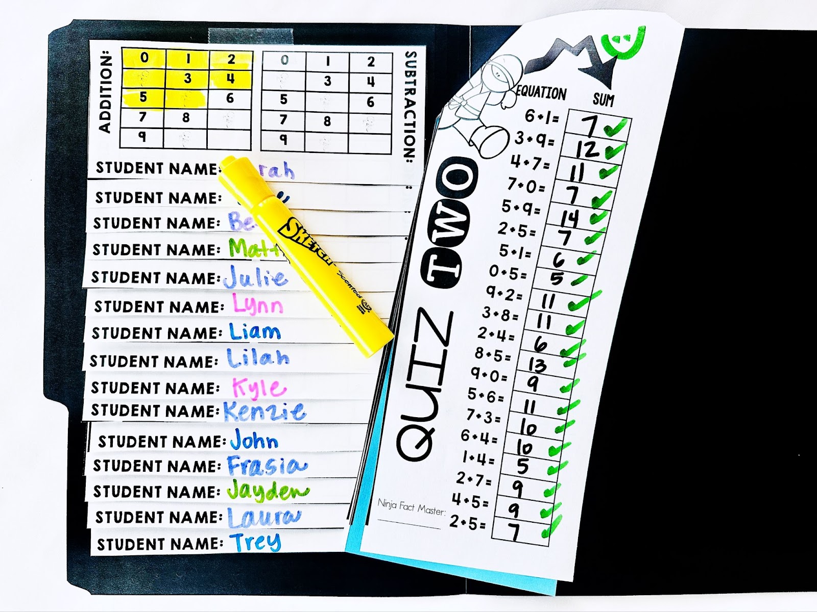 Math facts assessment with teacher recording sheet and highlighter.