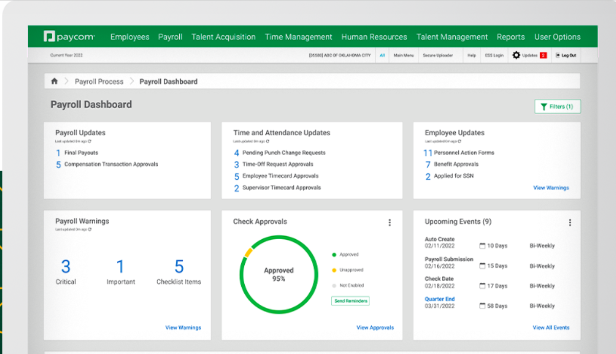 A screenshot of Paycoms payroll dashboard showing tasks and updates employees need to address.