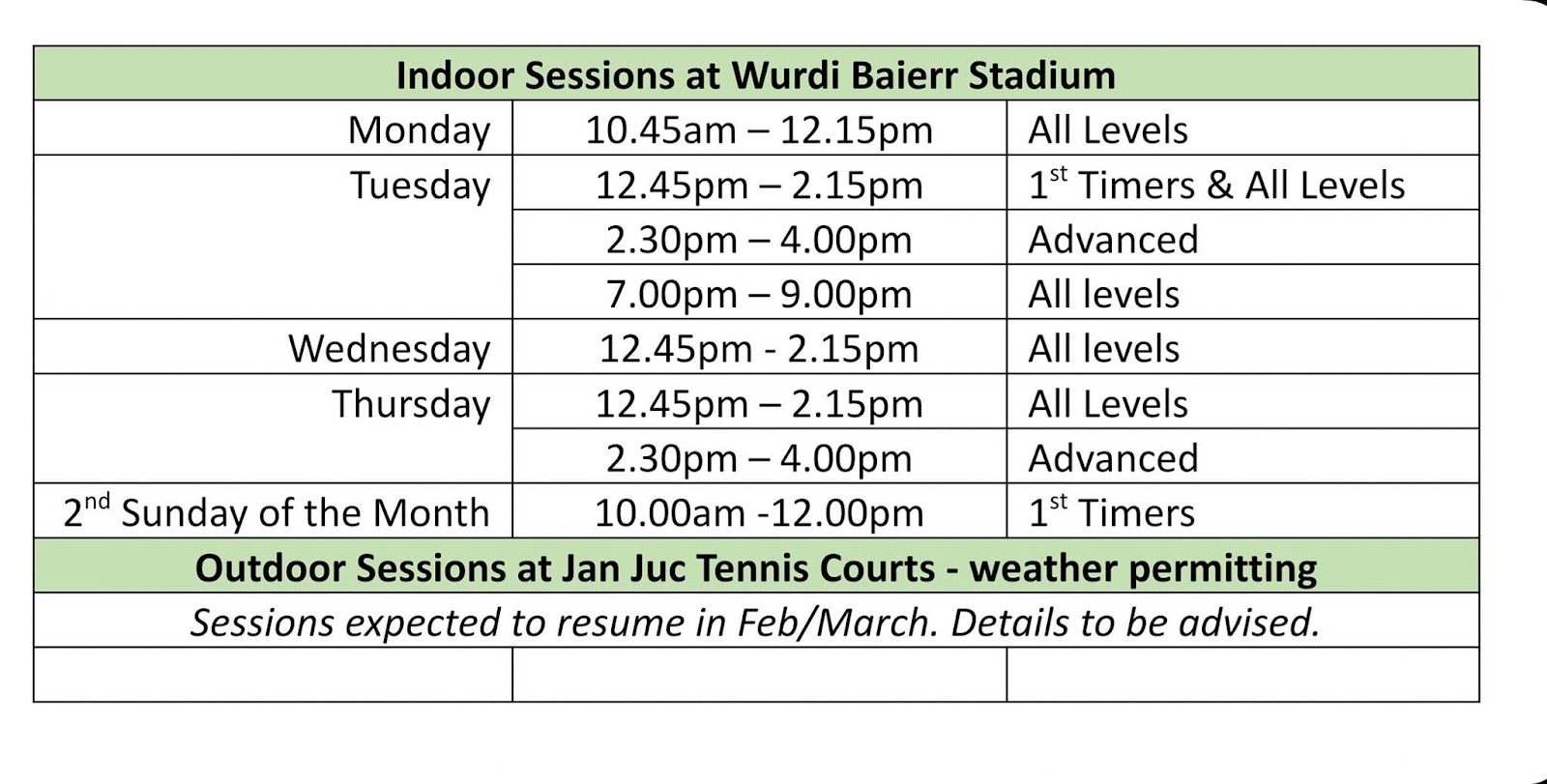 May be an image of text that says "Wednesday Thursday Indoor Sessions at Wurdi Baierr Stadium Monday 10.45am- All Levels Tuesday 12.45pm-2.15pm 1st Timers & All Levels 2.30pm-4.00pm Advanced All levels 12.45pm All levels 12.45pm-2.15pm All Levels 2.30pm- Advanced 2nd Sunday of the Month 10.00am -12.00pm 1s Timers Outdoor Sessions at Jan Juc Tennis Courts- weather permitting Sessions expected to resume in Feb/March. Details to be advised."