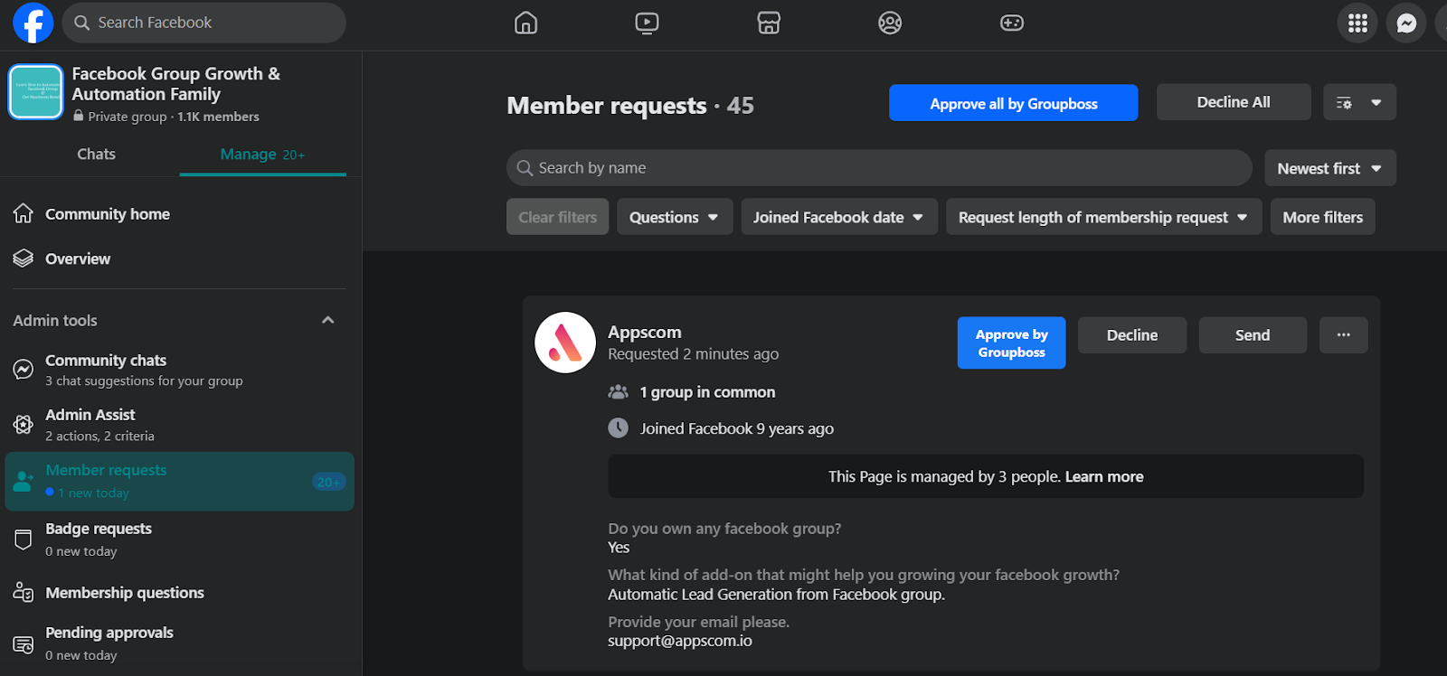 Approving pending member in Facebook group using Groupboss