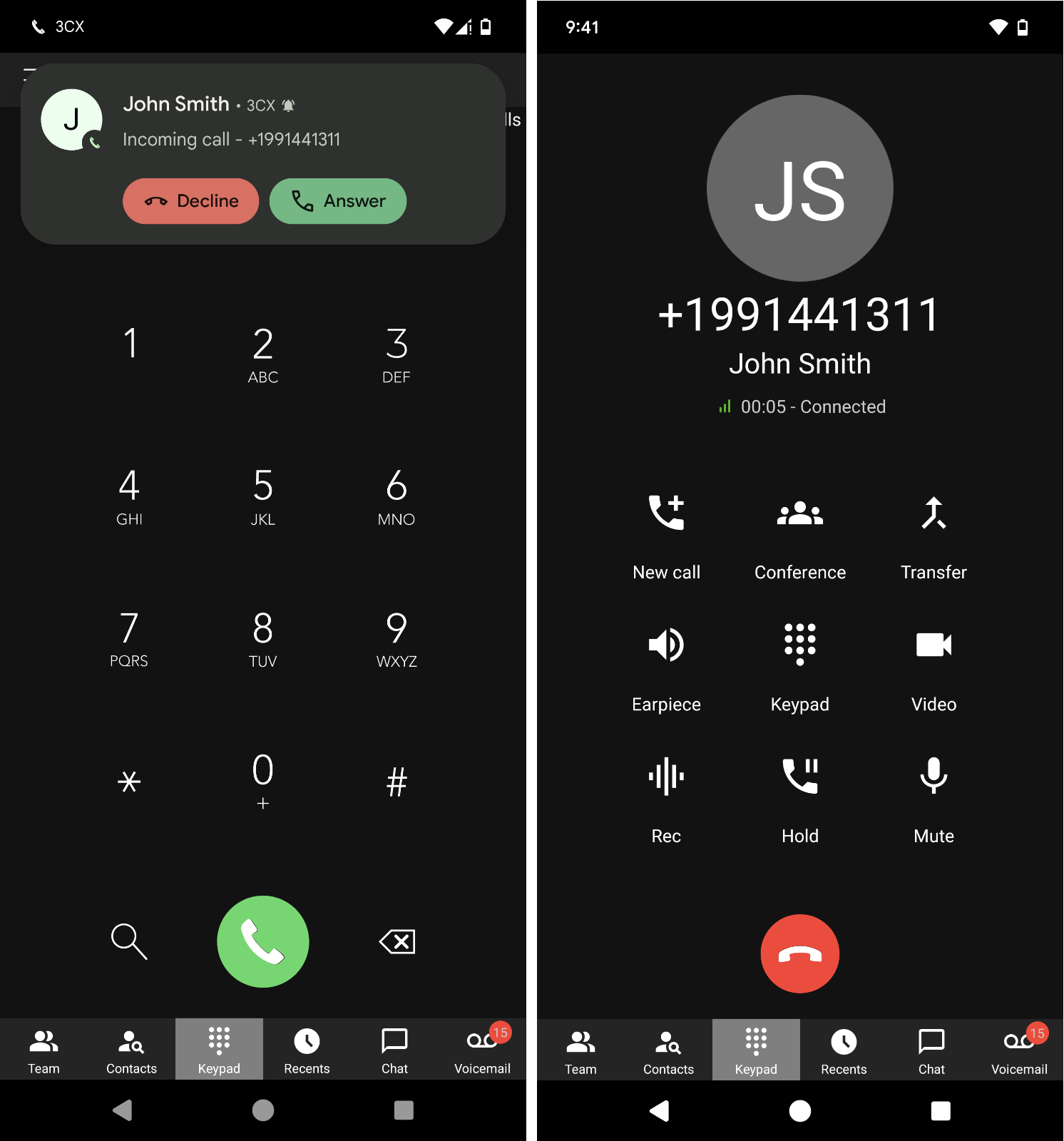 Captura de tela da chamada recebida no aplicativo Android