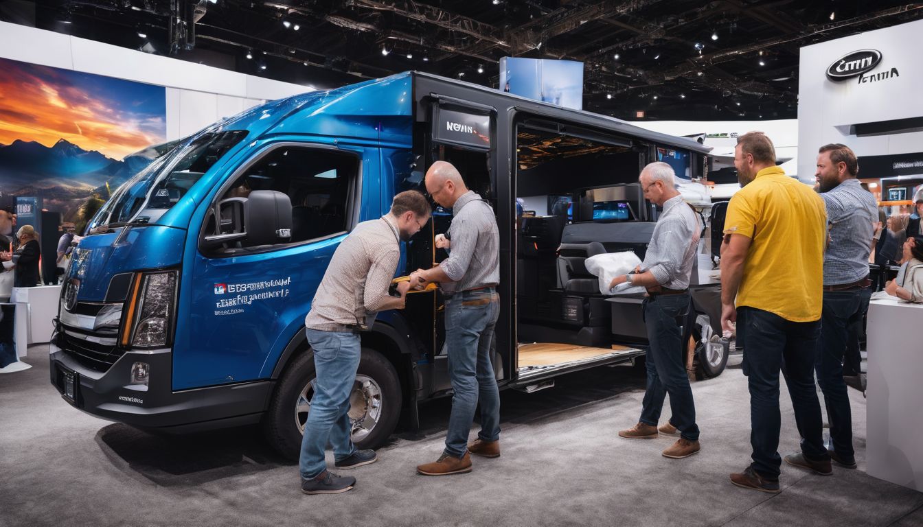 A team of professionals packing trade show booth components into a transport vehicle.