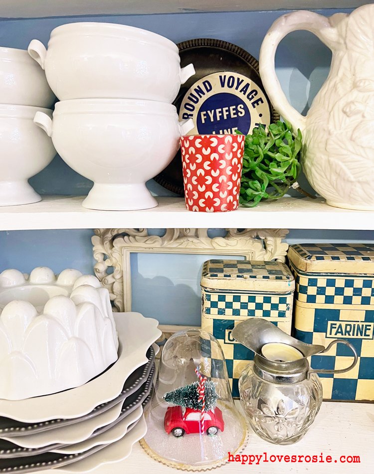 winter white plates, french tins and tureens decorated for christmas