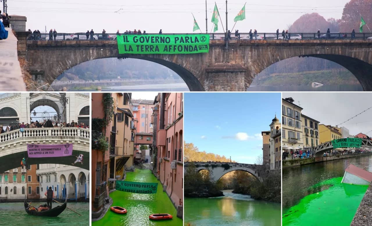 A 5-photo montage showing green rivers and banner drops from bridges in Italian cities