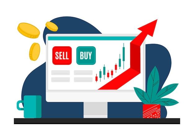 Trader desktop with charts on the monitor Trading quotes stocks investment concept Flat cartoon