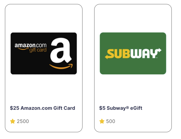 The point values required to earn gift cards of different values from various retailers and restaurants on the Ipsos iSay platform. 
